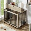 Furniture Style Dog Crate Side Table With Rotatable Feeding Bowl, Wheels, Three Doors, Flip-Up Top Opening. Indoor, Grey, 43.7"W x 30"D x 33.7"H